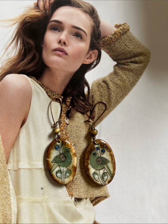 Ken Edwsrds Jewelry - RARE. Green Ceramic Bird Motif Drop Earrings - Artisan Women’s Jewelry